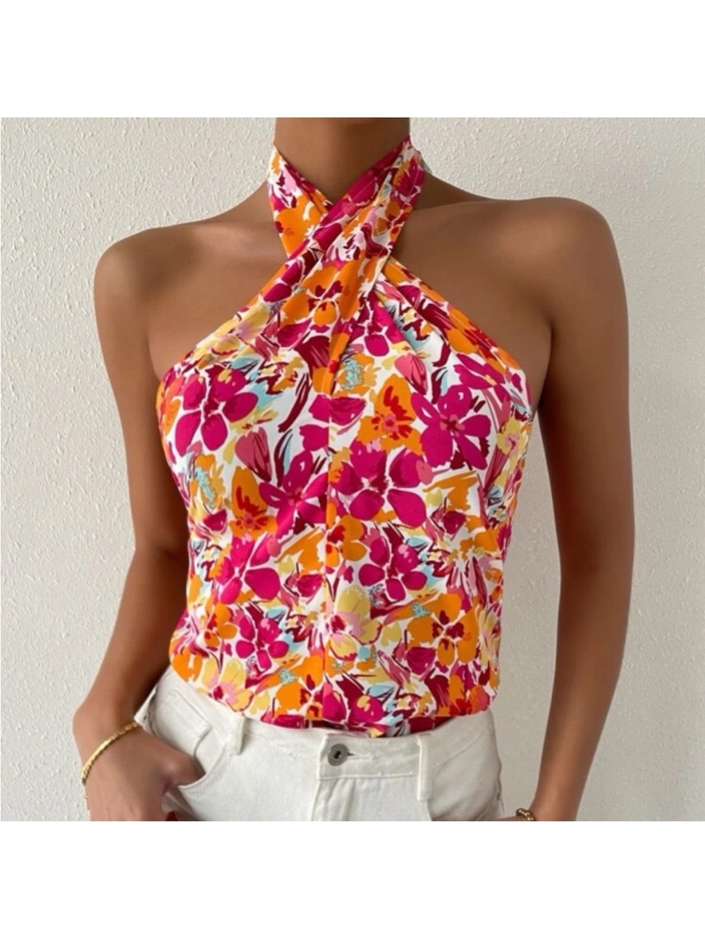 SHEIN Fuchsia & Orange Floral Cross-Neck Halter Camisole Size 0XL